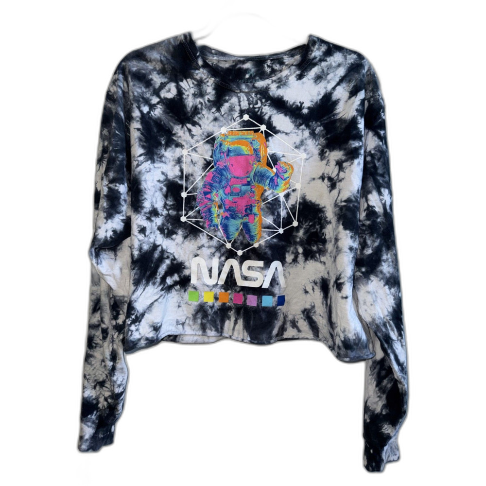 NASA Black & White Tie-Dye Cropped Graphic Sweatshirt